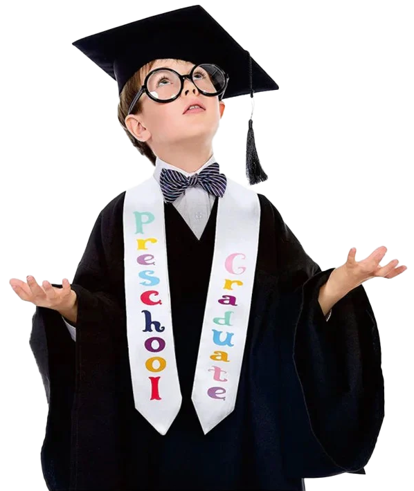 A Boy With Glasses wear Our White Children Graduation Stole