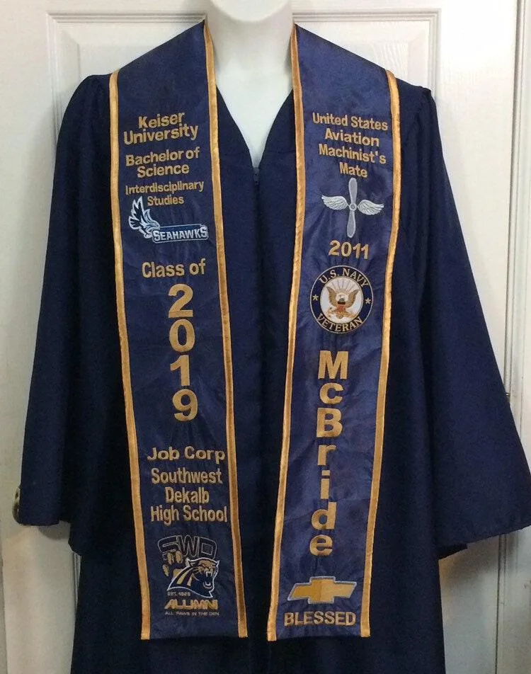 Close-up of a personalized embroidered graduation stole with stitched names and logos.