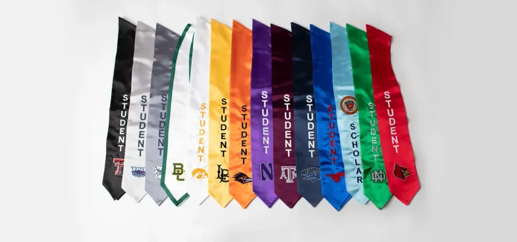 close-up of embroidered graduation stole with custom logo