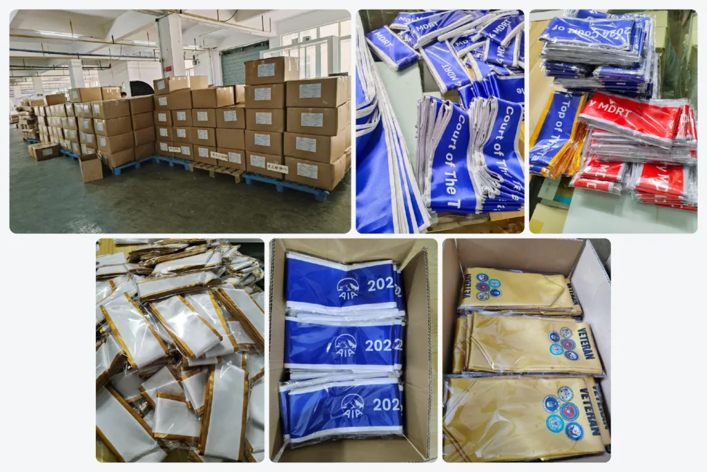 Final inspection and packing of custom graduation stoles before shipment