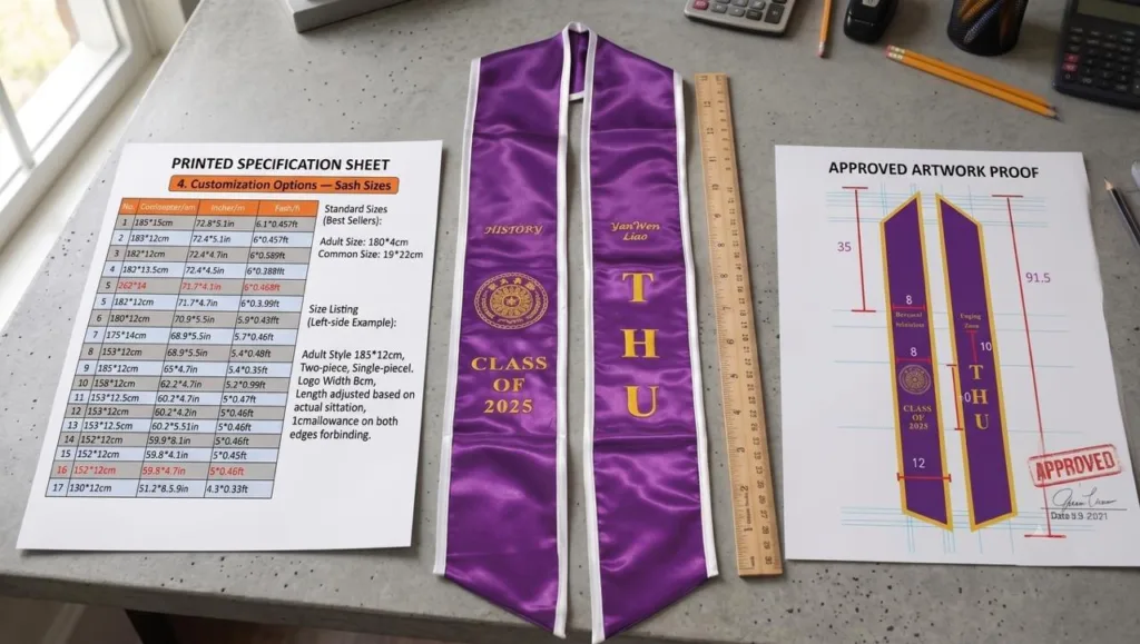 Graduation stole specification sheet with dimensions and artwork details