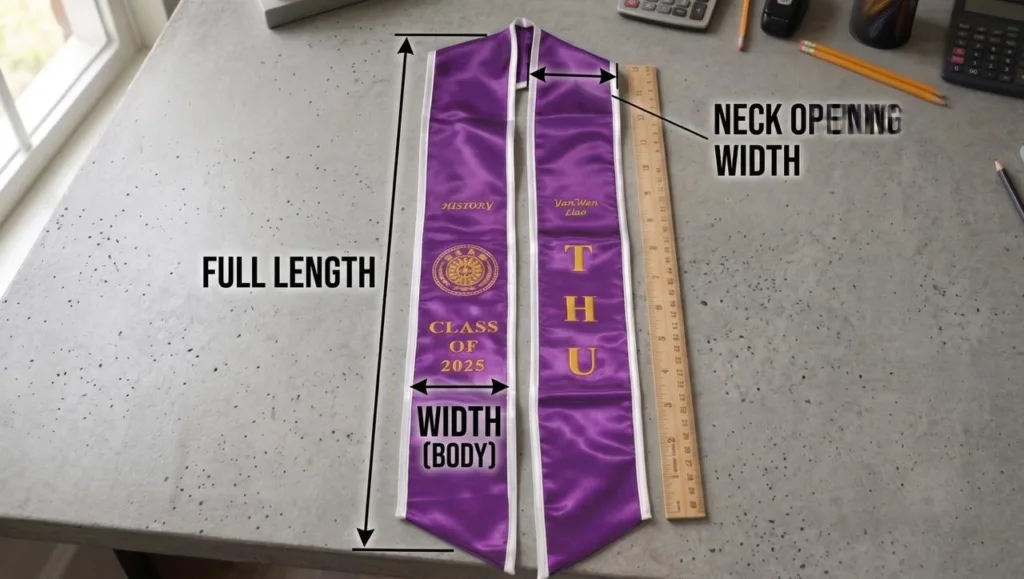 Graduation stole measurement diagram showing length width and neck shape